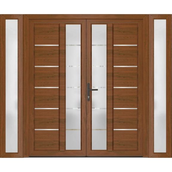 Front Exterior Prehung Metal-Plastic Double Doors / MANUX 8088 Walnut / 2 Sidelites Exterior WindoWLN / Office Commercial and Residential Doors Entrance Patio Garage 100 x 80