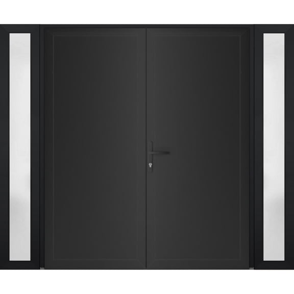 Front Exterior Prehung Metal-Plastic Double Doors / MANUX 8111 Matte Black / 2 Sidelites Exterior Windows / Office Commercial and Residential Doors Entrance Patio Garage 96 x 80
