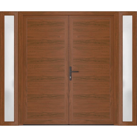 Front Exterior Prehung Metal-Plastic Double Doors / MANUX 8111 Walnut / 2 Sidelites Exterior WindoWLN / Office Commercial and Residential Doors Entrance Patio Garage 96 x 80