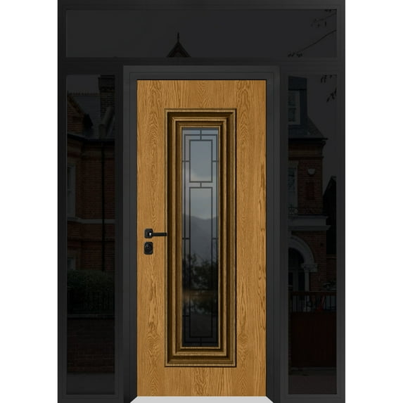 Front Exterior Prehung Steel Door / Ballucio 6644 Natural Oak / 2 Side and Top Exterior Window Sidelite / Entry Metal Modern Painted W12+36+12x80+16 Right-hand