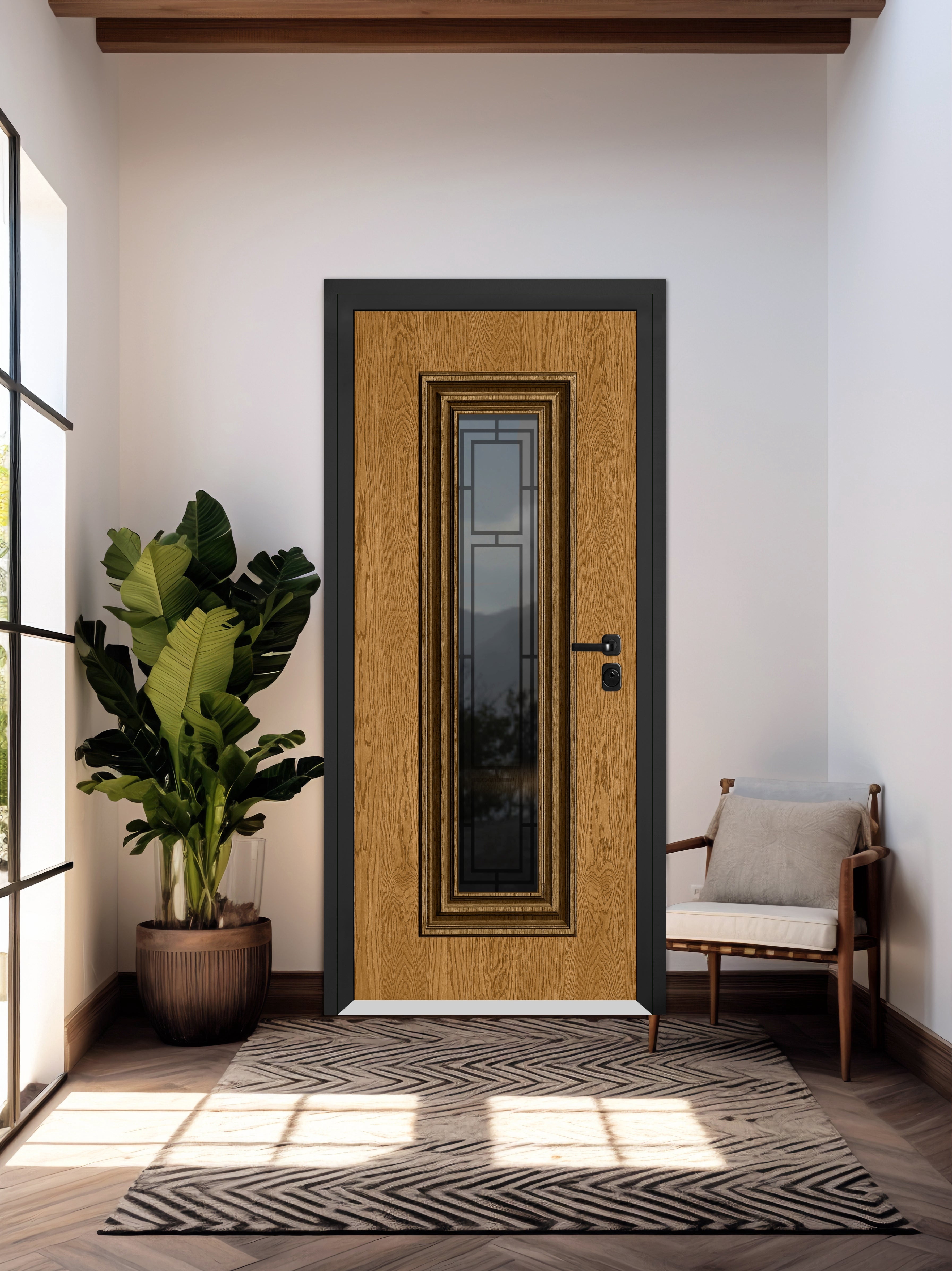 Front Exterior Prehung Steel Door / Ballucio 6644 Natural Oak / Entry Metal Modern Painted W36x80 Left-hand