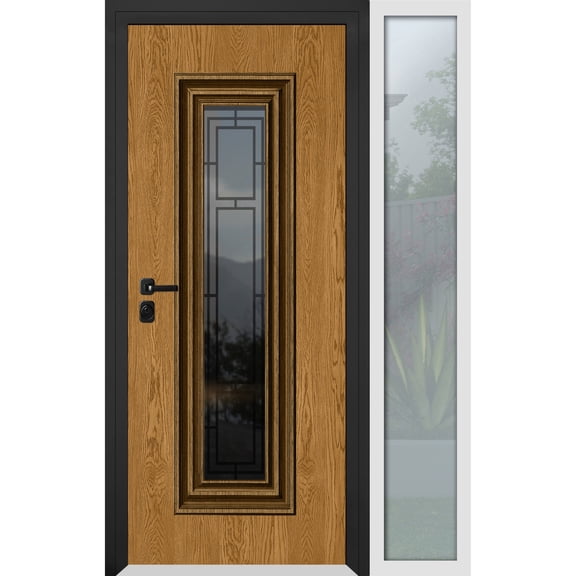 Front Exterior Prehung Steel Door / Ballucio 6644 Natural Oak / Side Exterior Window Sidelite / Entry Metal Modern Painted W36+16x80 Right-hand