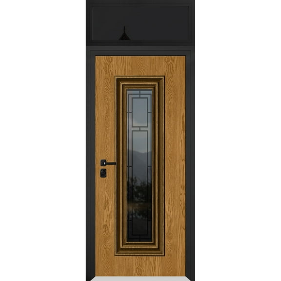 Front Exterior Prehung Steel Door / Ballucio 6644 Natural Oak / Top Exterior Window Sidelite / Entry Metal Modern Painted W36x80+16 Right-hand