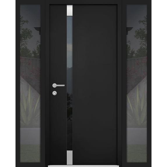 Front Exterior Prehung Steel Door / Cynex 6777 Black / 2 Side Exterior Windows / Stainless Inserts Single Modern Painted-W12+32+12" x H80"-Right-hand Inswing