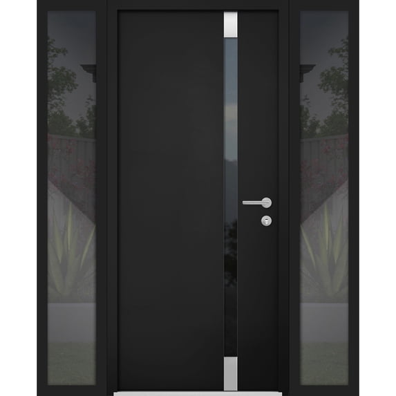 Front Exterior Prehung Steel Door / Cynex 6777 Black / 2 Side Exterior Windows / Stainless Inserts Single Modern Painted-W12+36+12" x H80"-Left-hand Inswing