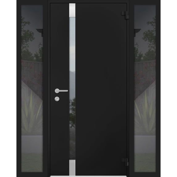 Front Exterior Prehung Steel Door / Cynex 6777 Black / 2 Side Exterior Windows / Stainless Inserts Single Modern Painted-W12+36+12" x H80"-Right-hand Outswing