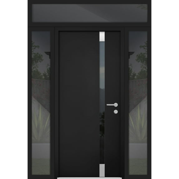 Front Exterior Prehung Steel Door / Cynex 6777 Black / 2 Side and Top Exterior Window / Stainless Inserts Single Modern Painted-W12+32+12" x H80+16"-Left-hand Inswing