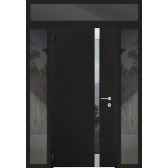 Front Exterior Prehung Steel Door / Cynex 6777 Black / 2 Side and Top Exterior Window / Stainless Inserts Single Modern Painted-W12+32+12" x H80+16"-Left-hand Outswing