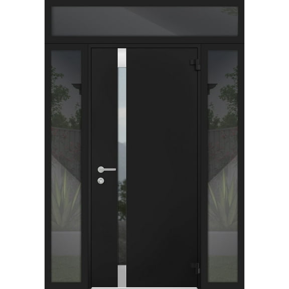 Front Exterior Prehung Steel Door / Cynex 6777 Black / 2 Side and Top Exterior Window / Stainless Inserts Single Modern Painted-W12 32 12" x H80 16"-Right-hand Outswing