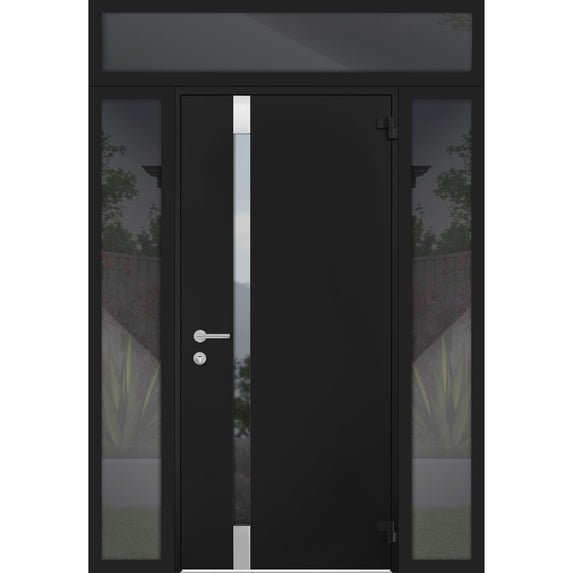 Front Exterior Prehung Steel Door / Cynex 6777 Black / 2 Side and Top Exterior Window / Stainless Inserts Single Modern Painted-W14+36+14" x H80+16"-Right-hand Outswing