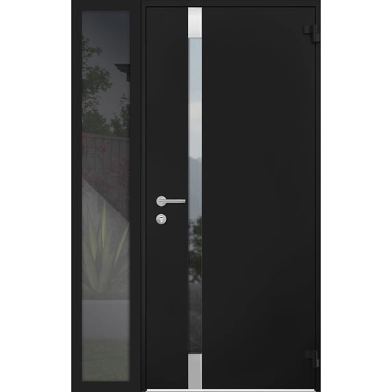 Front Exterior Prehung Steel Door / Cynex 6777 Black / Side Exterior Window / Stainless Inserts Single Modern Painted-W36+12" x H80"-Right-hand Outswing