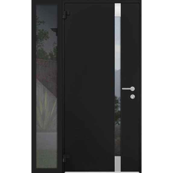 Front Exterior Prehung Steel Door / Cynex 6777 Black / Side Exterior Window / Stainless Inserts Single Modern Painted-W36+14" x H80"-Left-hand Outswing