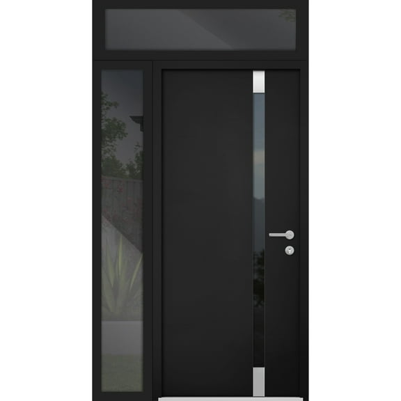 Front Exterior Prehung Steel Door / Cynex 6777 Black / Side and Top Exterior Window / Stainless Inserts Single Modern Painted-W36 16" x H80 16"-Left-hand Inswing