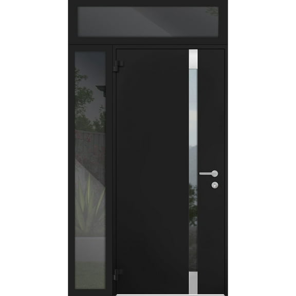 Front Exterior Prehung Steel Door / Cynex 6777 Black / Side and Top Exterior Window / Stainless Inserts Single Modern Painted-W36+16" x H80+16"-Left-hand Outswing