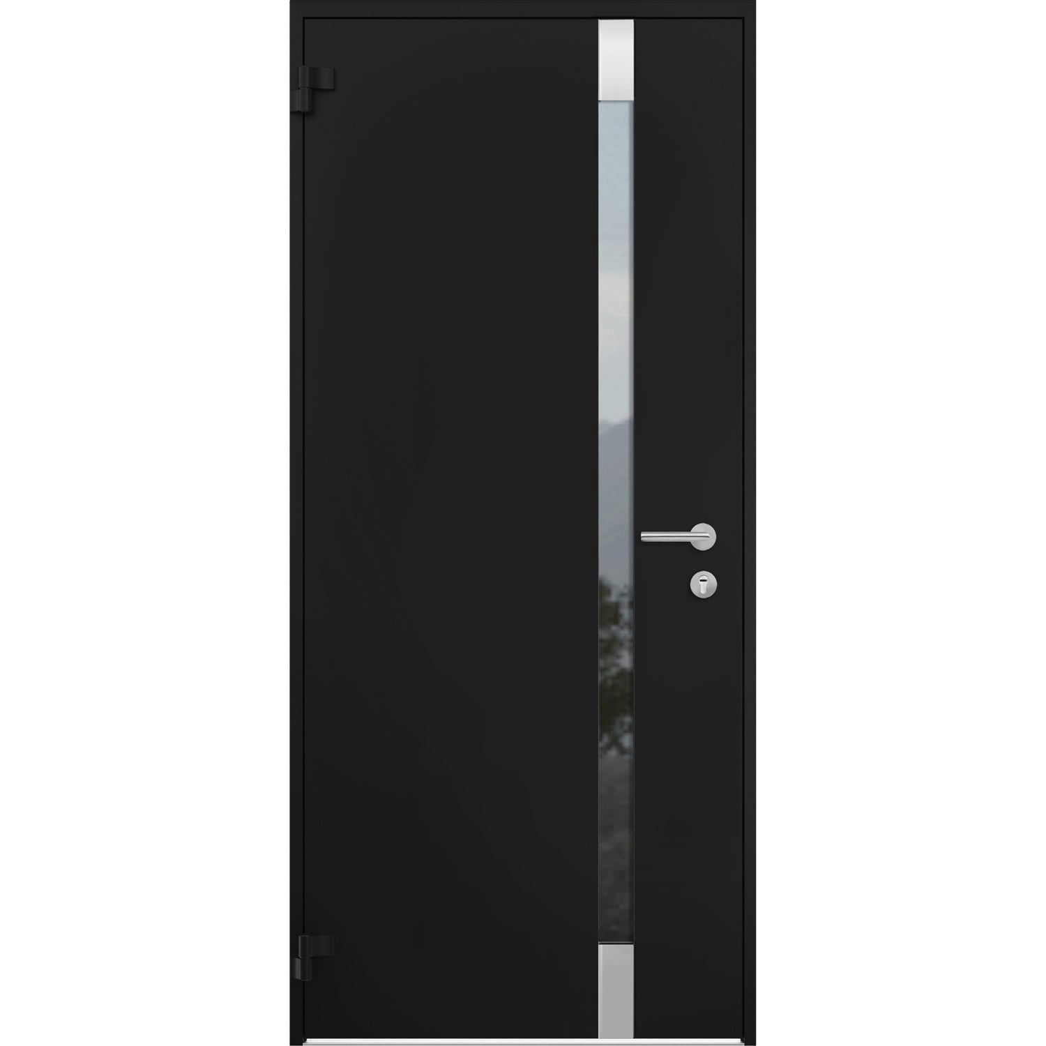 Front Exterior Prehung Steel Door / Cynex 6777 Black / Stainless Inserts Single Modern Painted -Left-hand Outswing | Sample of Door Color