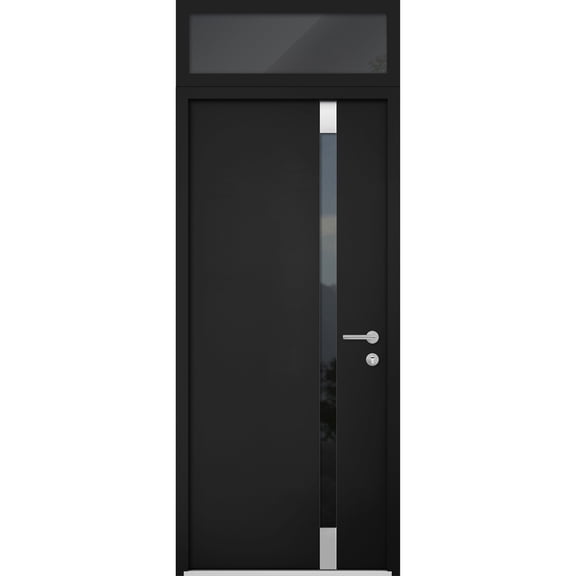 Front Exterior Prehung Steel Door / Cynex 6777 Black / Top Exterior Window / Stainless Inserts Single Modern Painted-W32" x H80+16"-Left-hand Inswing