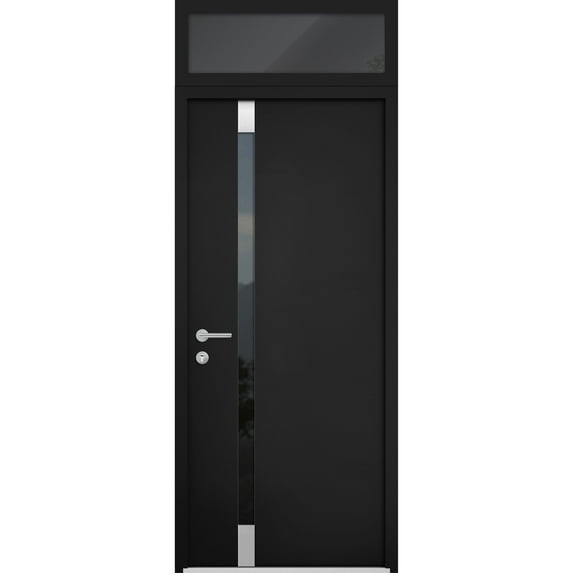 Front Exterior Prehung Steel Door / Cynex 6777 Black / Top Exterior Window / Stainless Inserts Single Modern Painted-W32" x H80+16"-Right-hand Inswing