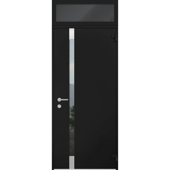 Front Exterior Prehung Steel Door / Cynex 6777 Black / Top Exterior Window / Stainless Inserts Single Modern Painted-W36" x H80+16"-Right-hand Outswing