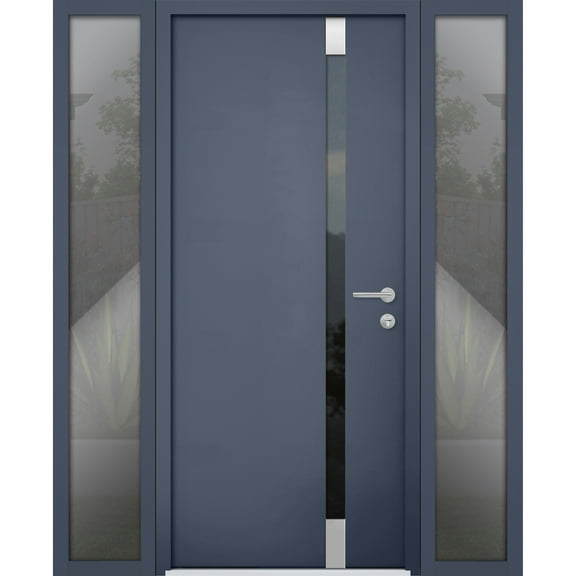 Front Exterior Prehung Steel Door / Cynex 6777 Grey / 2 Side Exterior Windows / Stainless Inserts Single Modern Painted-W16+36+16" x H80"-Left-hand Inswing