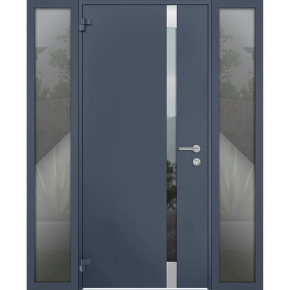 Front Exterior Prehung Steel Door / Cynex 6777 Grey / 2 Side Exterior Windows / Stainless Inserts Single Modern Painted-W16+36+16" x H80"-Left-hand Outswing