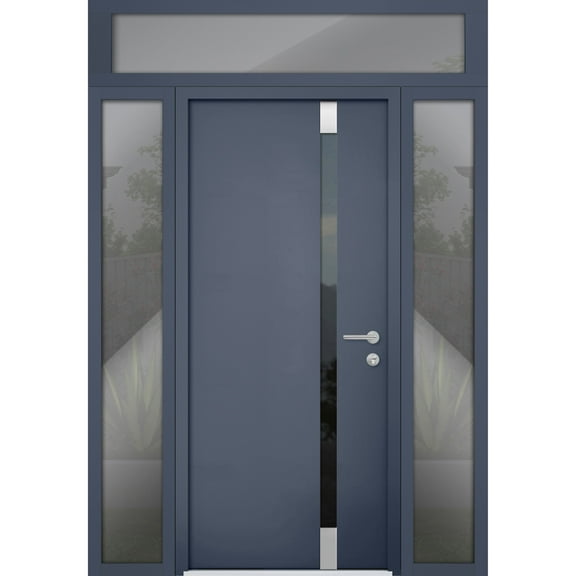 Front Exterior Prehung Steel Door / Cynex 6777 Grey / 2 Side and Top Exterior Window / Stainless Inserts Single Modern Painted-W12+32+12" x H80+16"-Left-hand Inswing