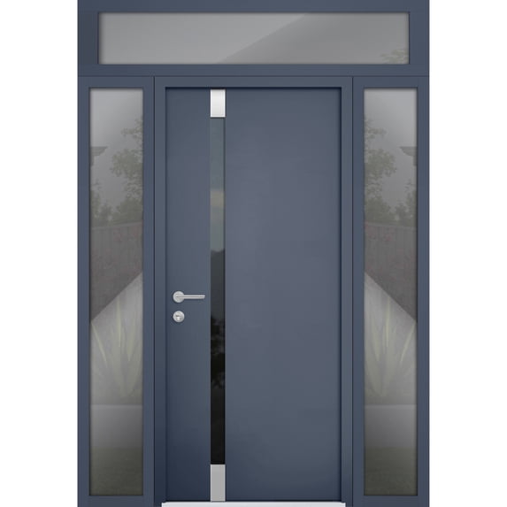 Front Exterior Prehung Steel Door / Cynex 6777 Grey / 2 Side and Top Exterior Window / Stainless Inserts Single Modern Painted-W14+36+14" x H80+16"-Right-hand Inswing