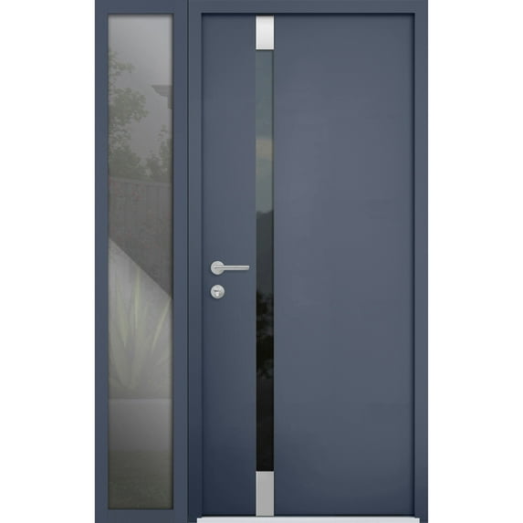 Front Exterior Prehung Steel Door / Cynex 6777 Grey / Side Exterior Window / Stainless Inserts Single Modern Painted-W36+12" x H80"-Right-hand Inswing