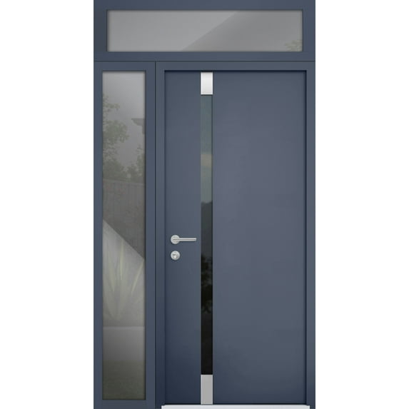 Front Exterior Prehung Steel Door / Cynex 6777 Grey / Side and Top Exterior Window / Stainless Inserts Single Modern Painted-W32+12" x H80+16"-Right-hand Inswing