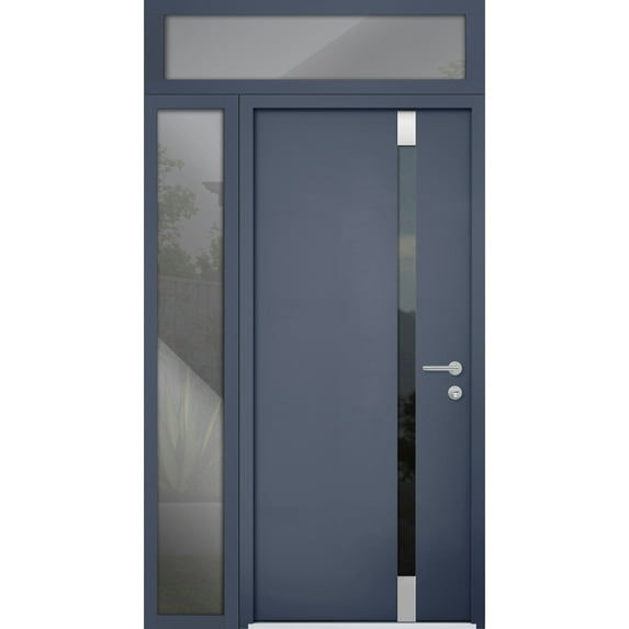 Front Exterior Prehung Steel Door / Cynex 6777 Grey / Side and Top Exterior Window / Stainless Inserts Single Modern Painted-W32+14" x H80+16"-Left-hand Inswing