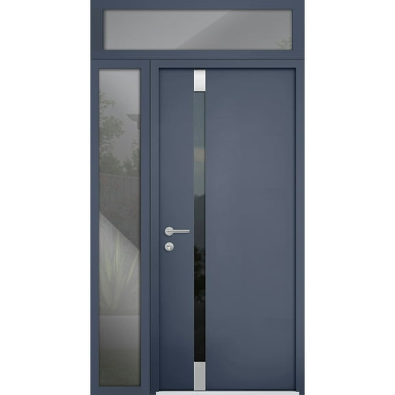 Front Exterior Prehung Steel Door / Cynex 6777 Grey / Side and Top Exterior Window / Stainless Inserts Single Modern Painted-W36 14" x H80 16"-Right-hand Inswing