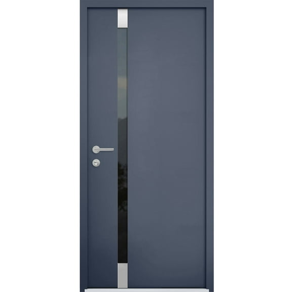 Front Exterior Prehung Steel Door / Cynex 6777 Grey / Stainless Inserts Single Modern Painted-W32" x H80"-Right-hand Inswing