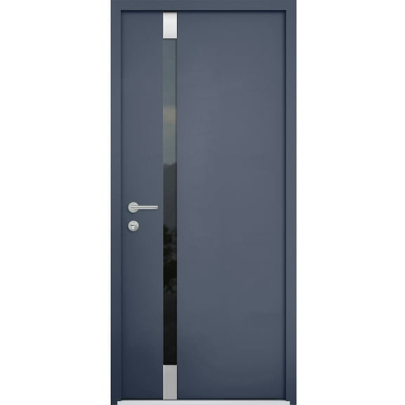 Front Exterior Prehung Steel Door / Cynex 6777 Grey / Stainless Inserts Single Modern Painted-W32" x H80"-Right-hand Outswing