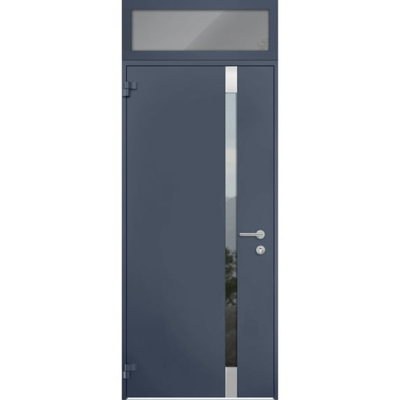 Front Exterior Prehung Steel Door / Cynex 6777 Grey / Top Exterior Window / Stainless Inserts Single Modern Painted-W36" x H80+16"-Left-hand Outswing