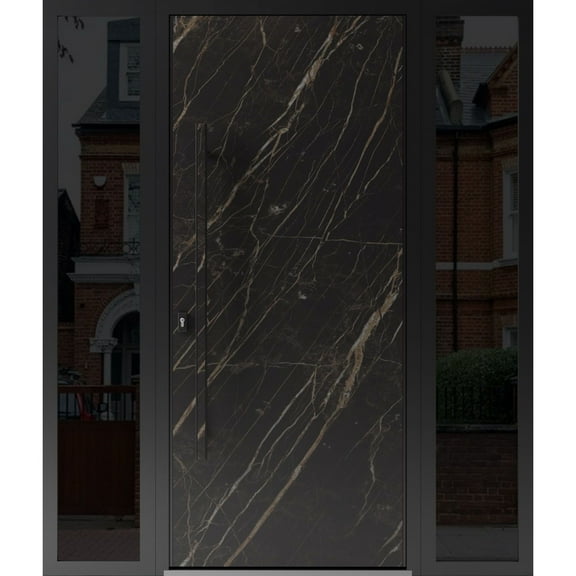 Front Exterior Prehung Steel Door / Dekton 0118 Natural Noir / 2 Side Exterior Windows Sidelites/ Entry Metal Modern Painted W12+36+12x80 Right-hand