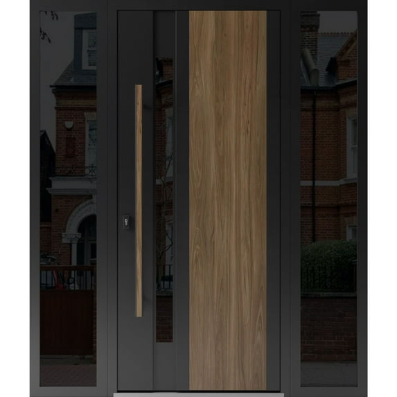Front Exterior Prehung Steel Door / Dekton 0163 Venezia Noce / 2 Side Exterior Windows Sidelites/ Entry Metal Modern Painted W14+36+14x80 Right-hand