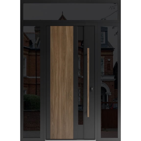 Front Exterior Prehung Steel Door / Dekton 0163 Venezia Noce / 2 Side and Top Exterior Window Sidelite / Entry Metal Modern Painted W14+36+14x80+16 Left-hand
