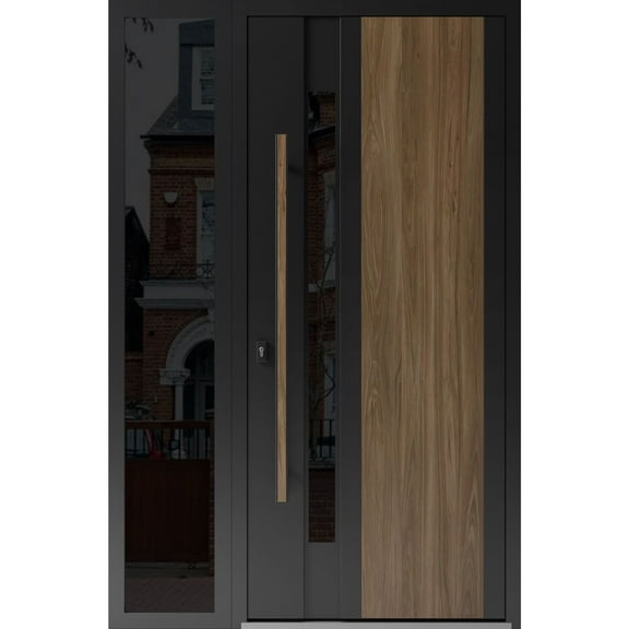 Front Exterior Prehung Steel Door / Dekton 0163 Venezia Noce / Side Exterior Window Sidelite / Entry Metal Modern Painted W36+14x80 Right-hand