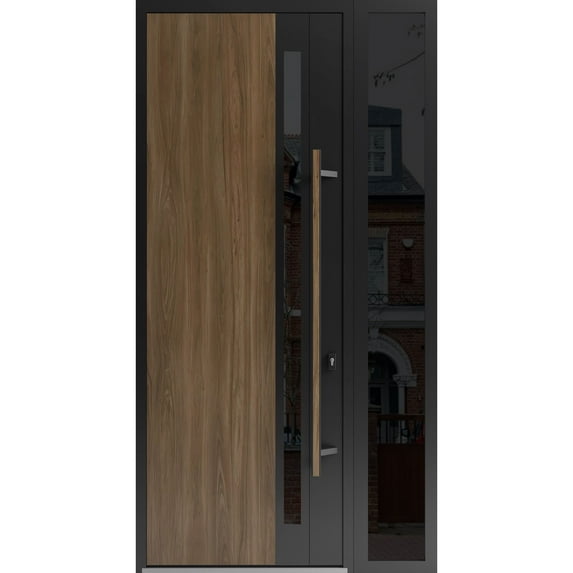 Front Exterior Prehung Steel Door / Dekton 0163 Venezia Noce / Side Exterior Window Sidelite / Entry Metal Modern Painted W36+14x96 Left-hand