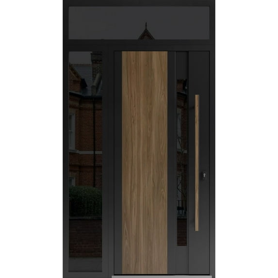Front Exterior Prehung Steel Door / Dekton 0163 Venezia Noce / Side and Top Exterior Window Sidelite / Entry Metal Modern Painted W36+12x96+16 Left-hand