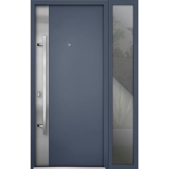Front Exterior Prehung Steel Door / Deux 0729 Gray Graphite / Side Exterior Window / Stainless Inserts Single Modern Painted-W36+12" x H80"-Right-hand Inswing