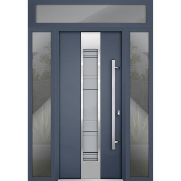 Front Exterior Prehung Steel Door / Deux 0757 Gray Graphite / 2 Side and Top Exterior Window / Stainless Inserts Single Modern Painted-W16+36+16" x H80+16"-Left-hand Inswing