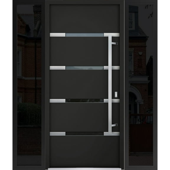 Front Exterior Prehung Steel Door / Deux 1105 Black Enamel / 2 Side Exterior Windows Sidelites/ Stainless Inserts Entry Metal Modern Painted W14+36+14" x H80" Left hand Inswing