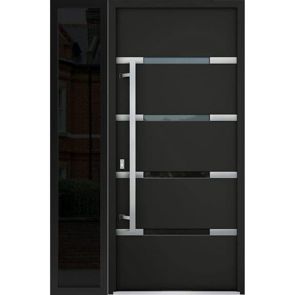 Front Exterior Prehung Steel Door / Deux 1105 Black Enamel / Side Exterior Window Sidelite / Stainless Inserts Entry Metal Modern Painted W36 16" x H80" Right hand Inswing