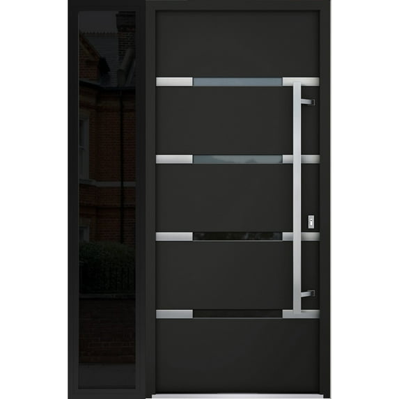 Front Exterior Prehung Steel Door / Deux 1105 Black Enamel / Side Exterior Window Sidelite / Stainless Inserts Entry Metal Modern Painted W36+14" x H80" Left hand Inswing