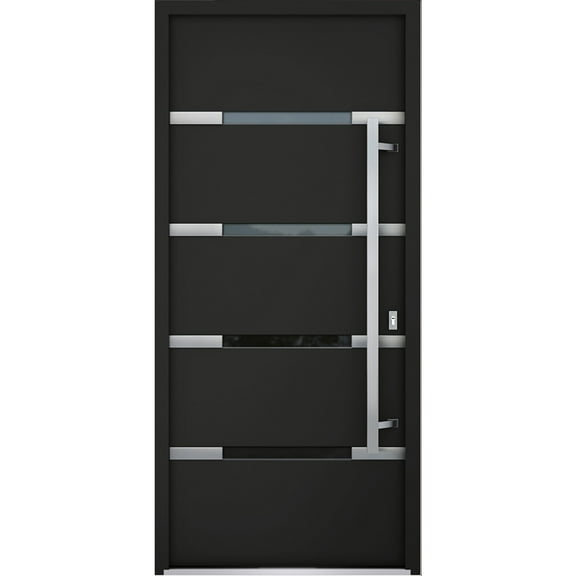 Front Exterior Prehung Steel Door / Deux 1105 Black Enamel / Stainless Inserts Entry Metal Modern Painted W36" x H80" Left hand Inswing