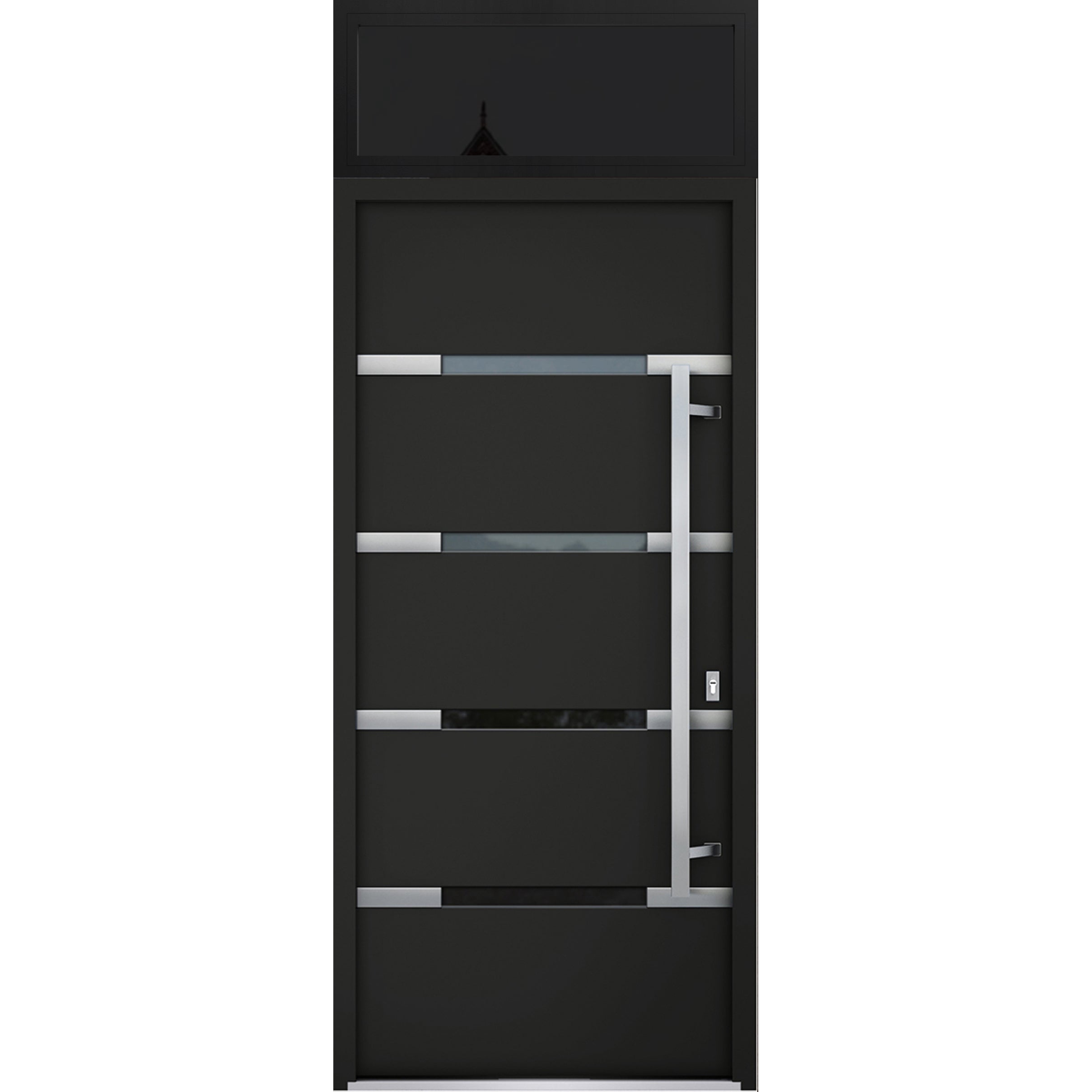 Front Exterior Prehung Steel Door / Deux 1105 Black Enamel / Top Exterior Window Sidelite / Stainless Inserts Entry Metal Modern Painted W36" x H80+16" Left hand Inswing