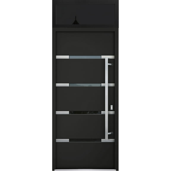 Front Exterior Prehung Steel Door / Deux 1105 Black Enamel / Top Exterior Window Sidelite / Stainless Inserts Entry Metal Modern Painted W36" x H80+16" Left hand Inswing