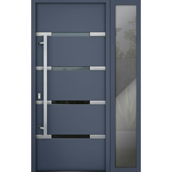 Front Exterior Prehung Steel Door / Deux 1105 Gray Graphite / Side Exterior Window / Stainless Inserts Single Modern Painted-W36+16" x H80"-Right-hand Inswing