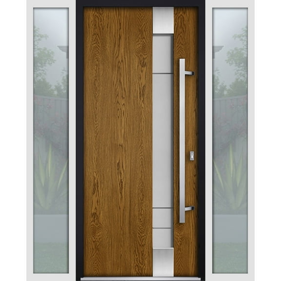 Front Exterior Prehung Steel Door / Deux 1713 Natural Oak / 2 Side Exterior White Windows / Stainless Inserts Single Modern Painted-W12+36+12" x H80"-Left-hand Inswing