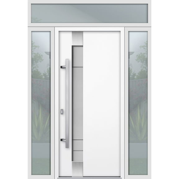 Front Exterior Prehung Steel Door / Deux 1713 White Enamel / 2 Side and Top Exterior Black Window / Stainless Inserts Single Modern Painted-W16+36+16" x H80+16"-Right-hand Inswing